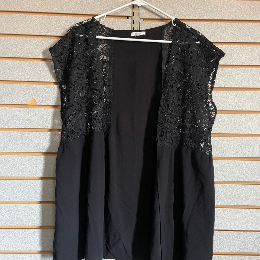 Wimsigoth Black Lace‎ Crochet Open Front Kimono Vest Size L/XL Sleeveless Edgy